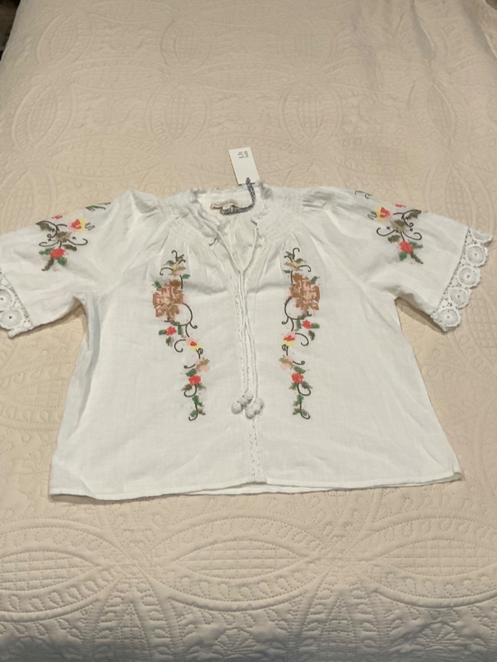 Jennifer & Grace Embroidered Peasant Blouse w/ Floral Accents Crocheted Trim - Picture 2 of 14